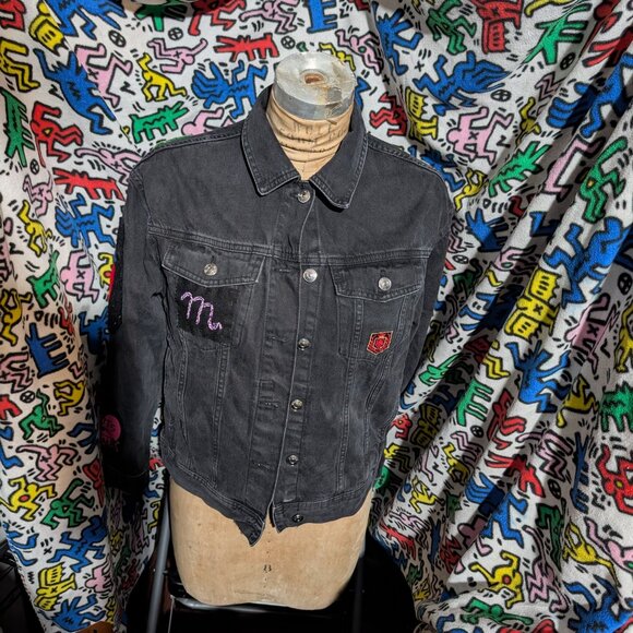 H&M Black Denim Highly Customized Jacket "WOW" Size XS - Picture 8 of 15